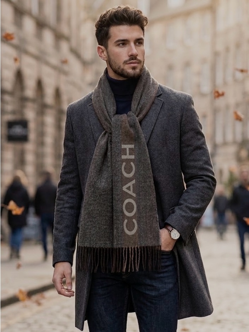Coach Herringbone Cashmere & Wool Scarf NWOT